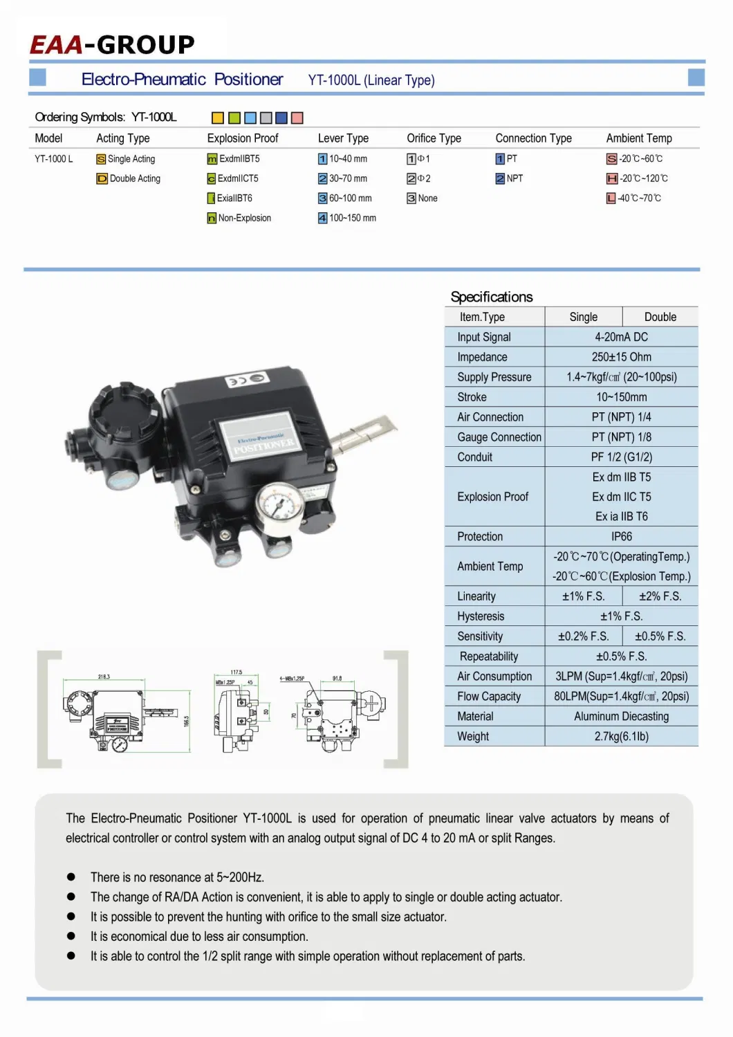 Eaa Electric Yt1000 Electro Pneumatic Valve Positioner China Factory